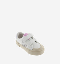 Load image into Gallery viewer, White sneaker with silver glitter V detail and cream sole