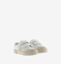 Load image into Gallery viewer, White sneaker with silver glitter V detail and cream sole