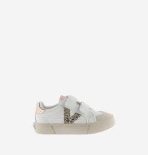 Load image into Gallery viewer, White sneaker with gold glitter V detail and cream sole