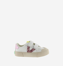 Load image into Gallery viewer, White sneaker with pink glitter V detail and cream sole