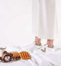 Load image into Gallery viewer, White sneaker with nude glitter logo