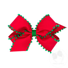Load image into Gallery viewer, Holiday Style Pom-Pom Edge Grosgrain Overlay Hair Bow