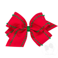 Load image into Gallery viewer, Holiday Style Pom-Pom Edge Grosgrain Overlay Hair Bow