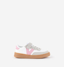 Load image into Gallery viewer, White leather cyclist sneakers and pink V logo