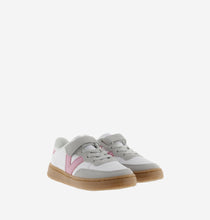 Load image into Gallery viewer, White leather cyclist sneakers and pink V logo