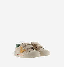 Load image into Gallery viewer, Beige canvas sneaker with yellow "V" detail