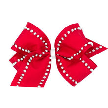 Load image into Gallery viewer, Holiday Style Pom-Pom Edge Grosgrain Overlay Hair Bow