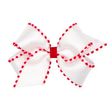 Load image into Gallery viewer, Holiday Style Pom-Pom Edge Grosgrain Overlay Hair Bow
