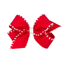 Load image into Gallery viewer, Holiday Style Pom-Pom Edge Grosgrain Overlay Hair Bow