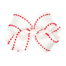 Load image into Gallery viewer, Holiday Style Pom-Pom Edge Grosgrain Overlay Hair Bow