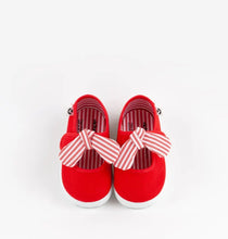 Load image into Gallery viewer, Red canvas mary jane with striped bow
