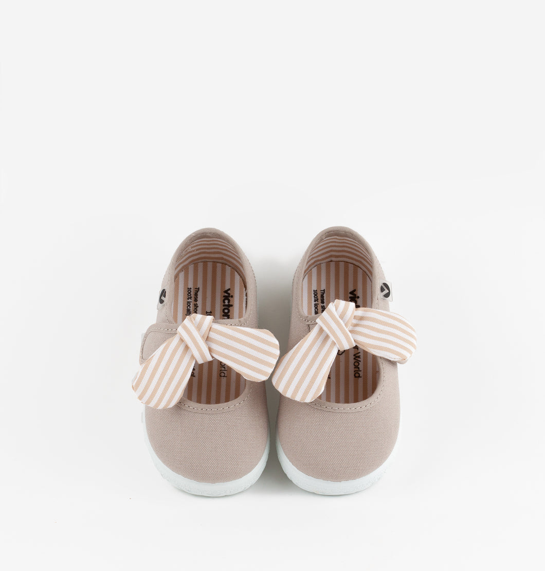 Beige canvas mary jane with striped bow