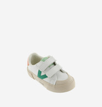 Load image into Gallery viewer, White sneaker with green V detail and cream sole
