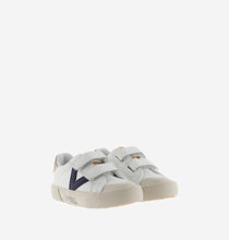 Load image into Gallery viewer, White sneaker with navy V detail and cream sole
