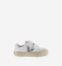 Load image into Gallery viewer, White sneaker with silver glitter V detail and cream sole
