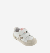 Load image into Gallery viewer, White sneaker with gold glitter V detail and cream sole
