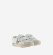 Load image into Gallery viewer, White sneaker with gold glitter V detail and cream sole
