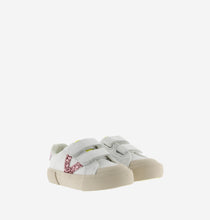 Load image into Gallery viewer, White sneaker with pink glitter V detail and cream sole
