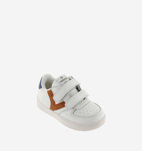 Load image into Gallery viewer, White leather sneaker with contrast brick red/blue
