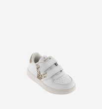 Load image into Gallery viewer, White leather sneakers with gold glitter V logo
