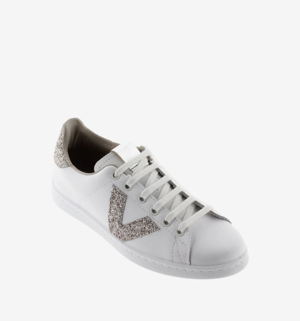 White sneaker with nude glitter logo