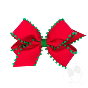 Holiday Style Pom-Pom Edge Grosgrain Overlay Hair Bow