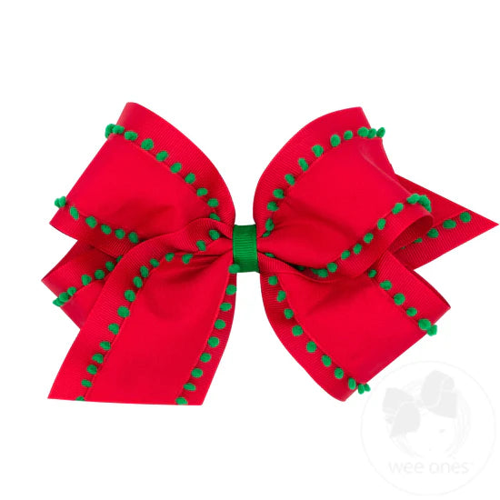 Holiday Style Pom-Pom Edge Grosgrain Overlay Hair Bow