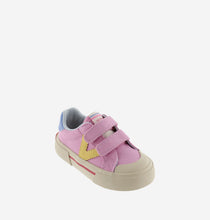 Load image into Gallery viewer, Pink canvas sneaker with yellow "V" detail
