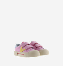Load image into Gallery viewer, Pink canvas sneaker with yellow "V" detail
