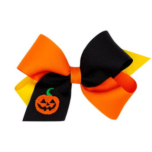 Tri-color Grosgrain Hair Bow with Halloween-themed Embroidery