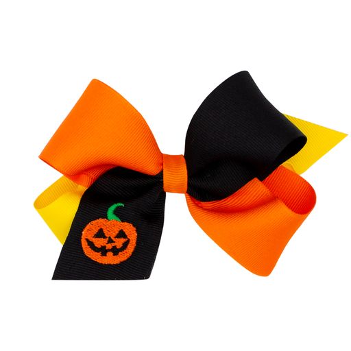 Tri-color Grosgrain Hair Bow with Halloween-themed Embroidery