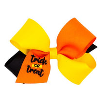 Load image into Gallery viewer, Tri-color Grosgrain Hair Bow with Halloween-themed Embroidery
