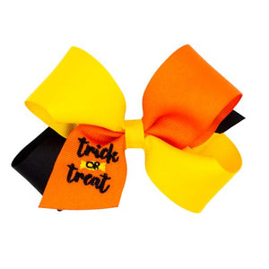 Tri-color Grosgrain Hair Bow with Halloween-themed Embroidery