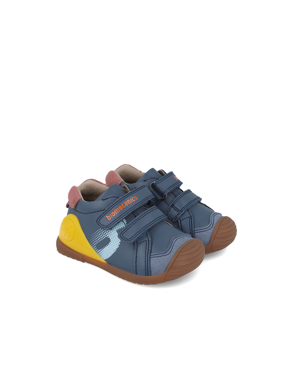 Petrol blue double velcro sneaker prewalker with caramel  sole