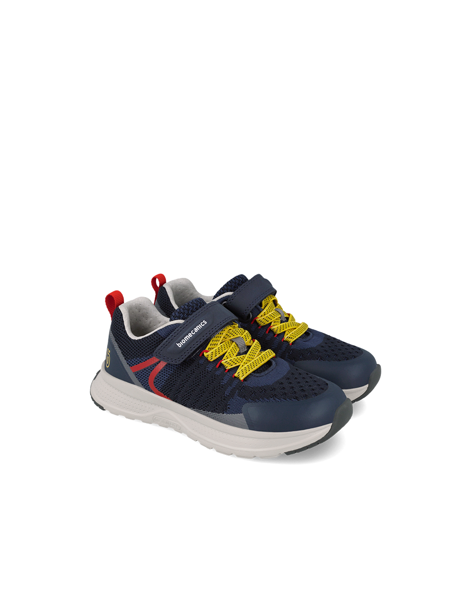 Navy  mesh velcro sneaker with yellow elastics