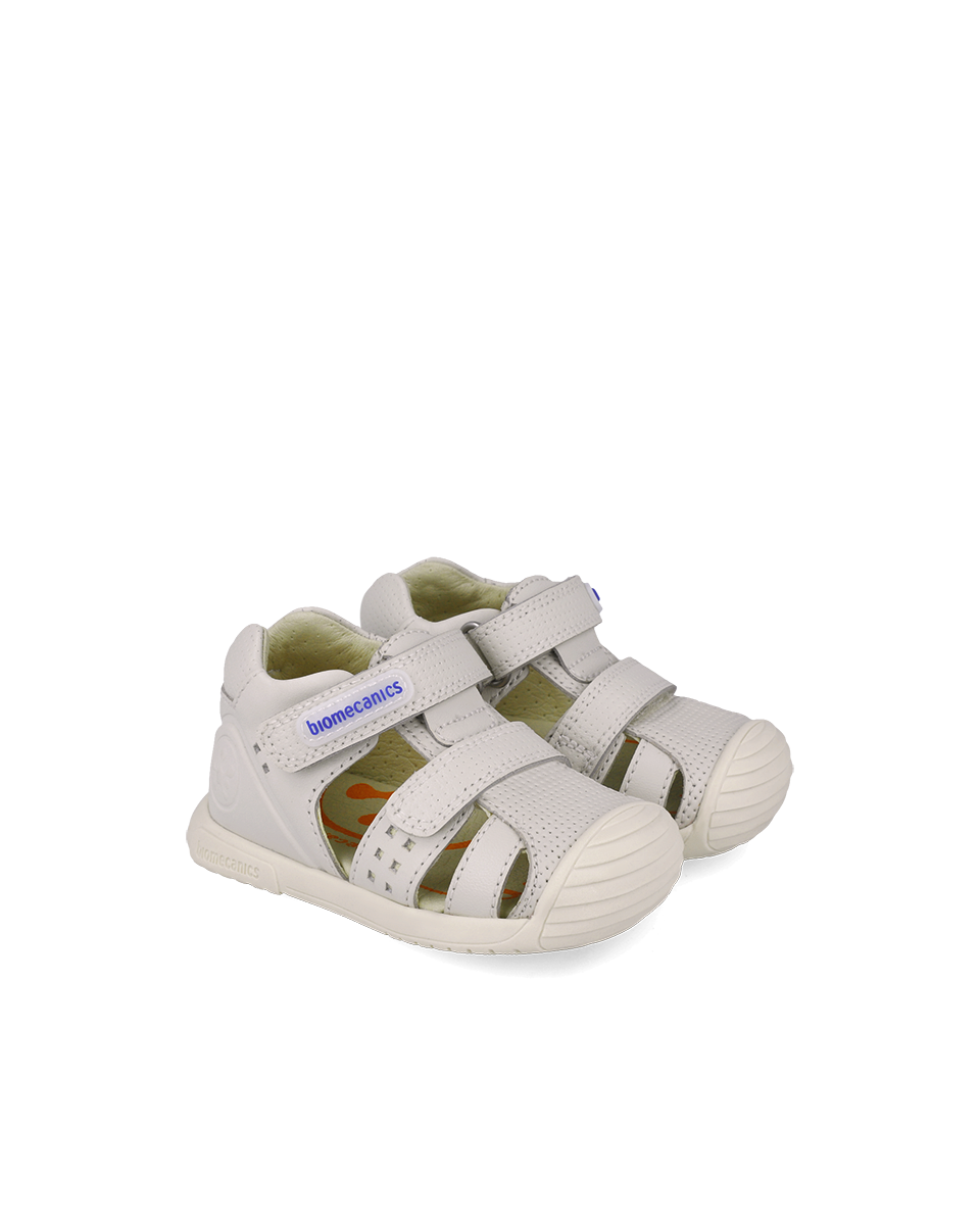 Beige leather prewalker sandals with front velcro