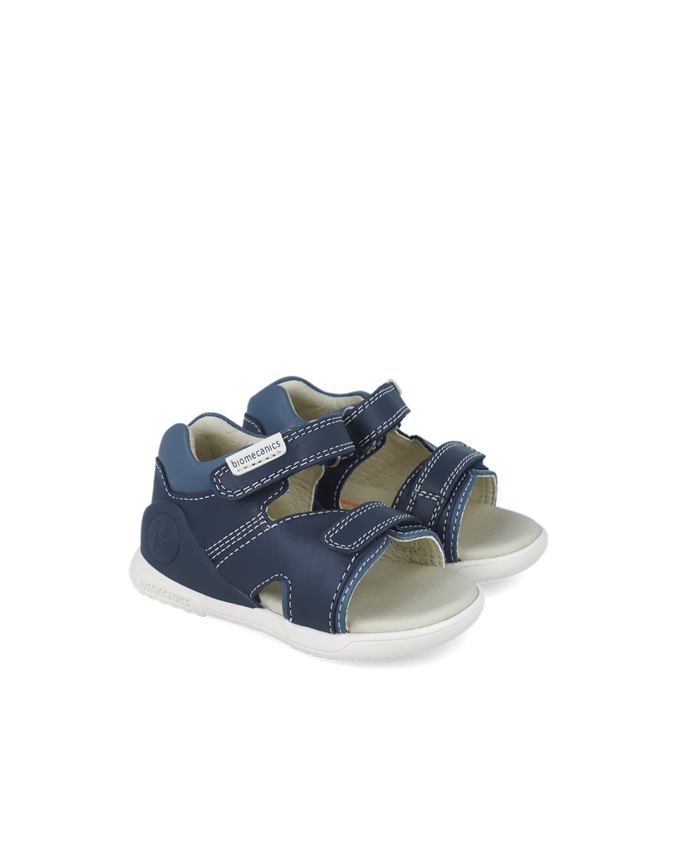 Navy leather prewalker sandals with velcro straps