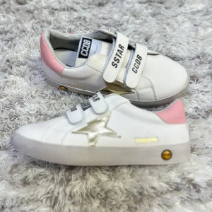 White velcro sneaker with gold star and pink detail