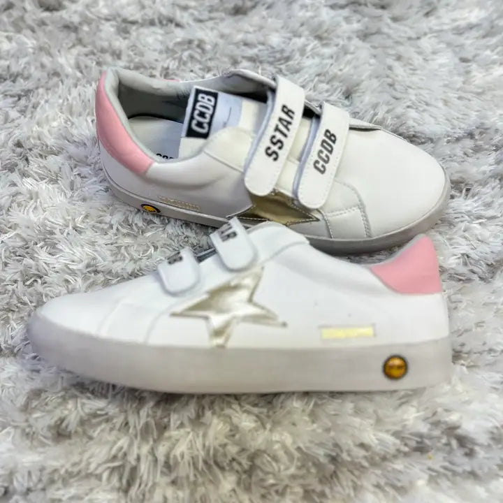 White velcro sneaker with gold star and pink detail