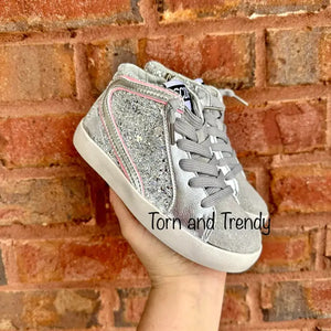 Silver glitter with pink trim high top