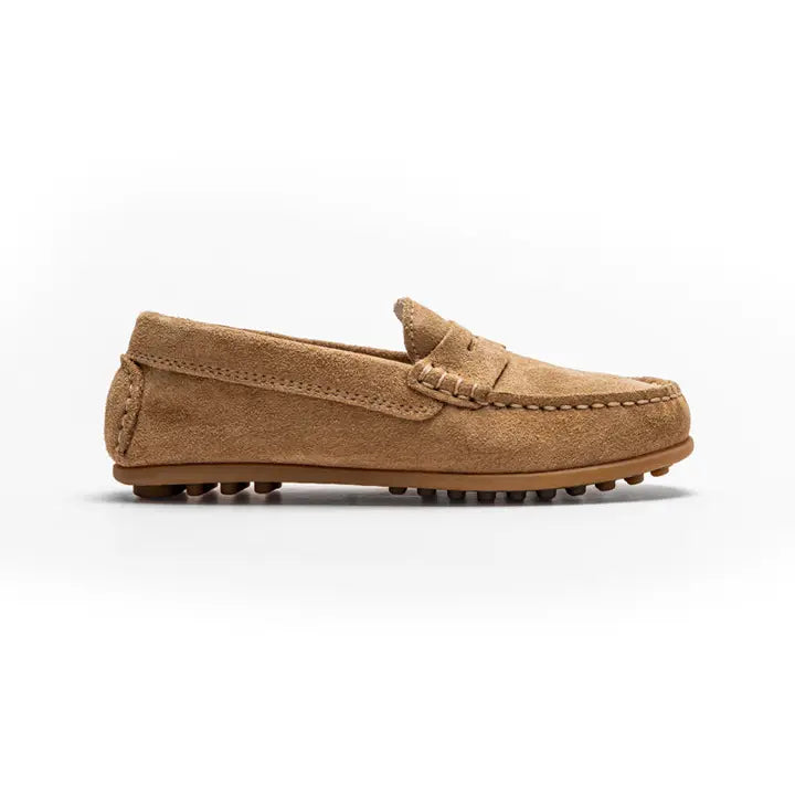 Camel suede penny loafer