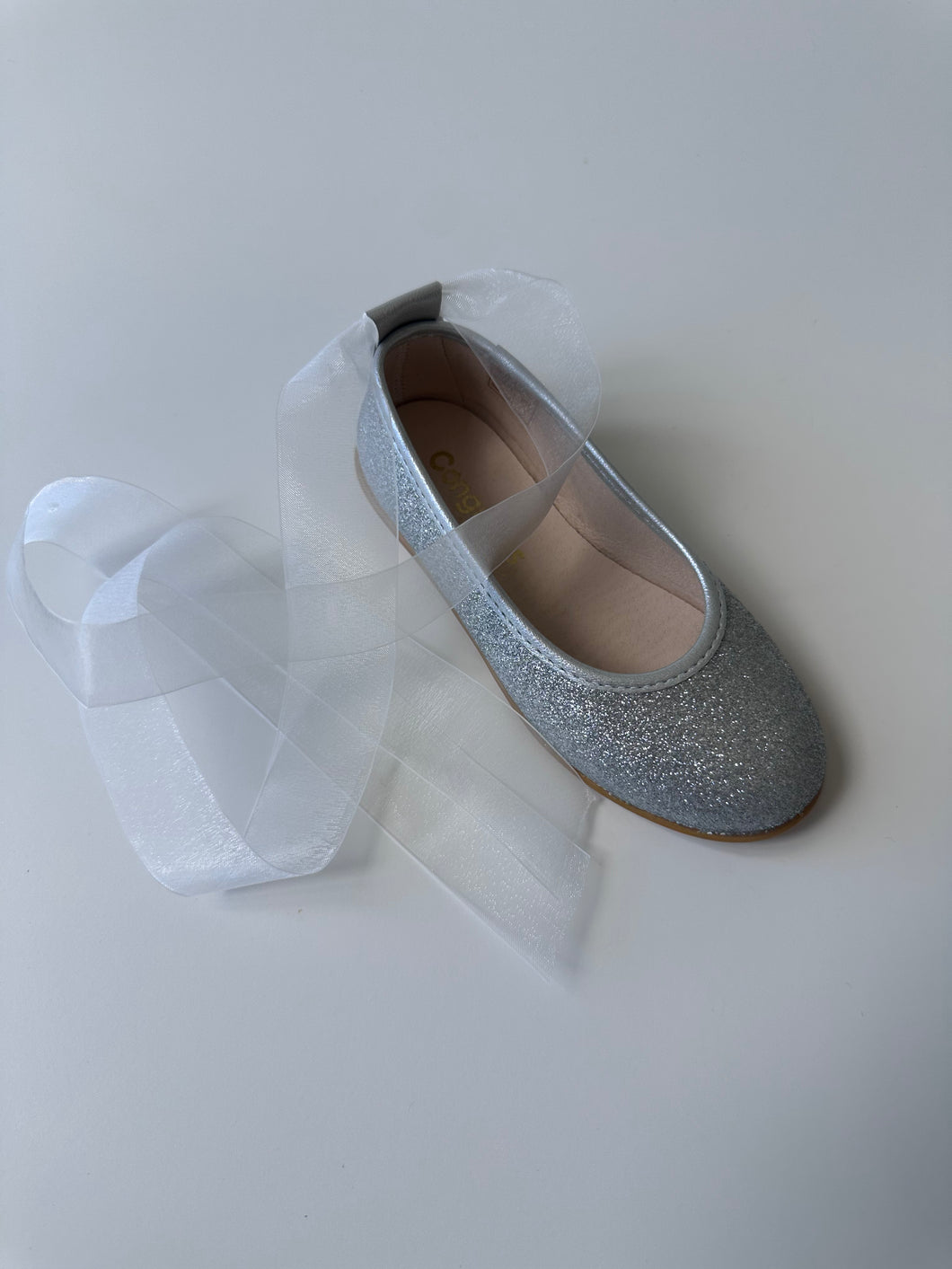 Silver glitter ballerina with ankle tie organza ribbon