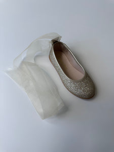 Gold glitter ballerina with ankle tie organza ribbon