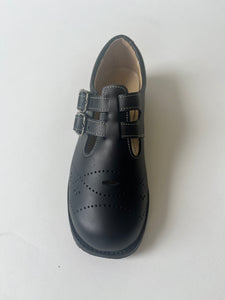Black double straps with buckle school shoe and piping(14)