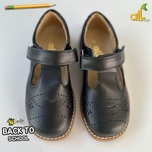 Black t-strap school shoe with caramel sole and piping (13)
