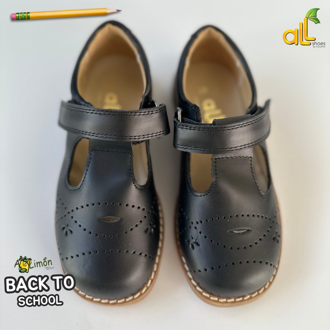 Black t-strap school shoe with caramel sole and piping (13)