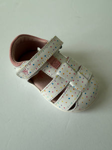 White with multicolor dots prewalker barefoot sandal