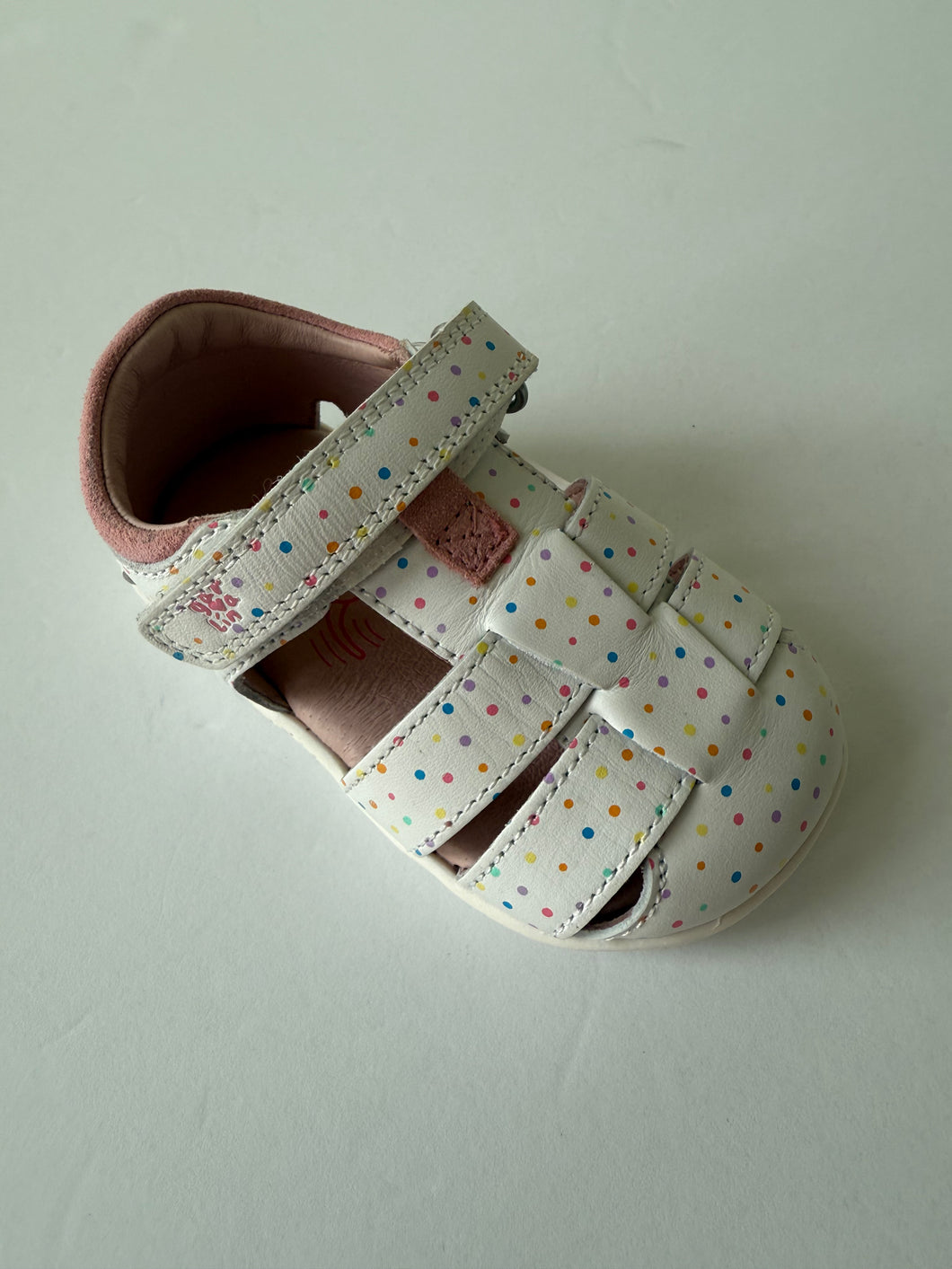 White with multicolor dots prewalker barefoot sandal