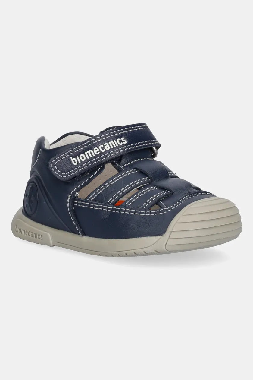 Navy leather open prewalker with gray sole