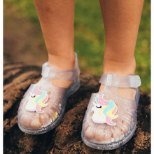 Load image into Gallery viewer, Tobby clear multi glitter unicorn jellie sandal
